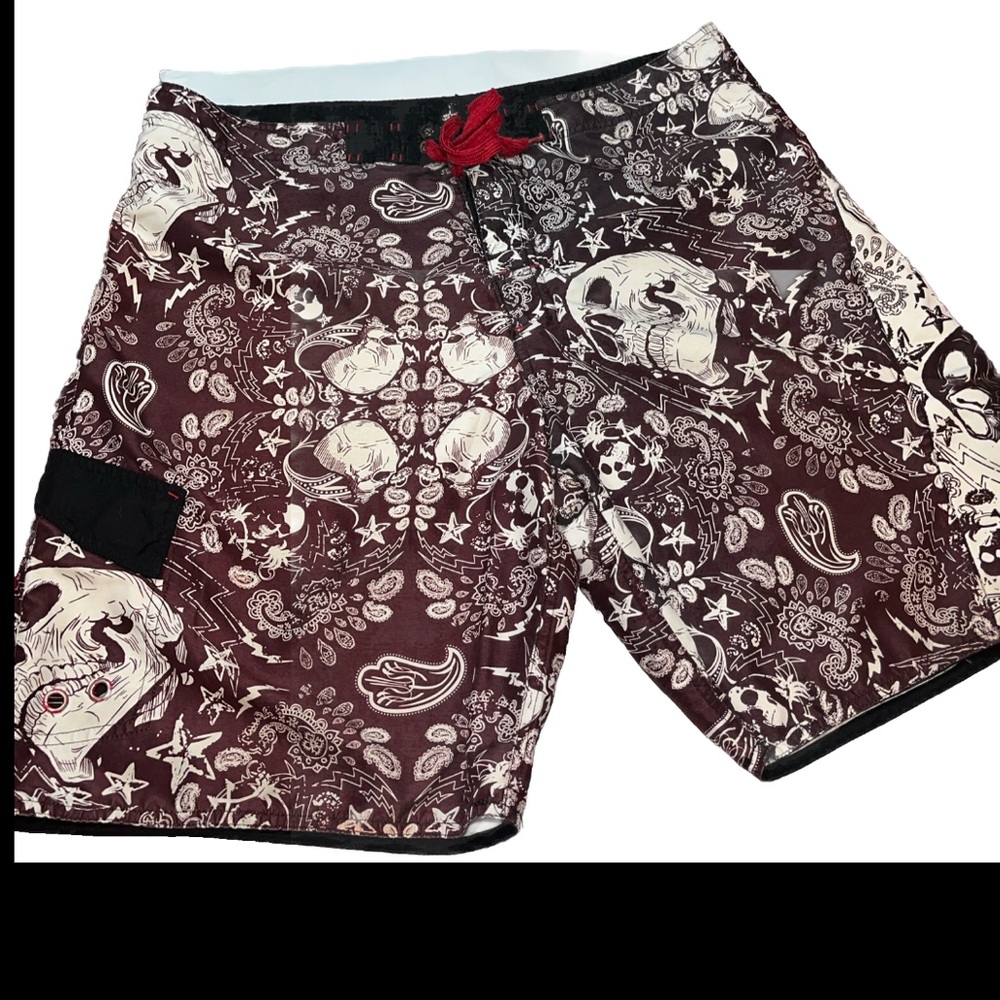 Joe Boxer skull graffiti art brown swim shorts trunks Men 36 paisley Star pocket